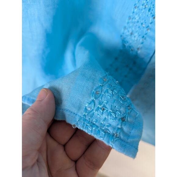 Beaded Boho Linen Tunic Blouse Womens 14 16 Aqua Blue Lagenlook Hippie Fairy - Picture 9 of 9